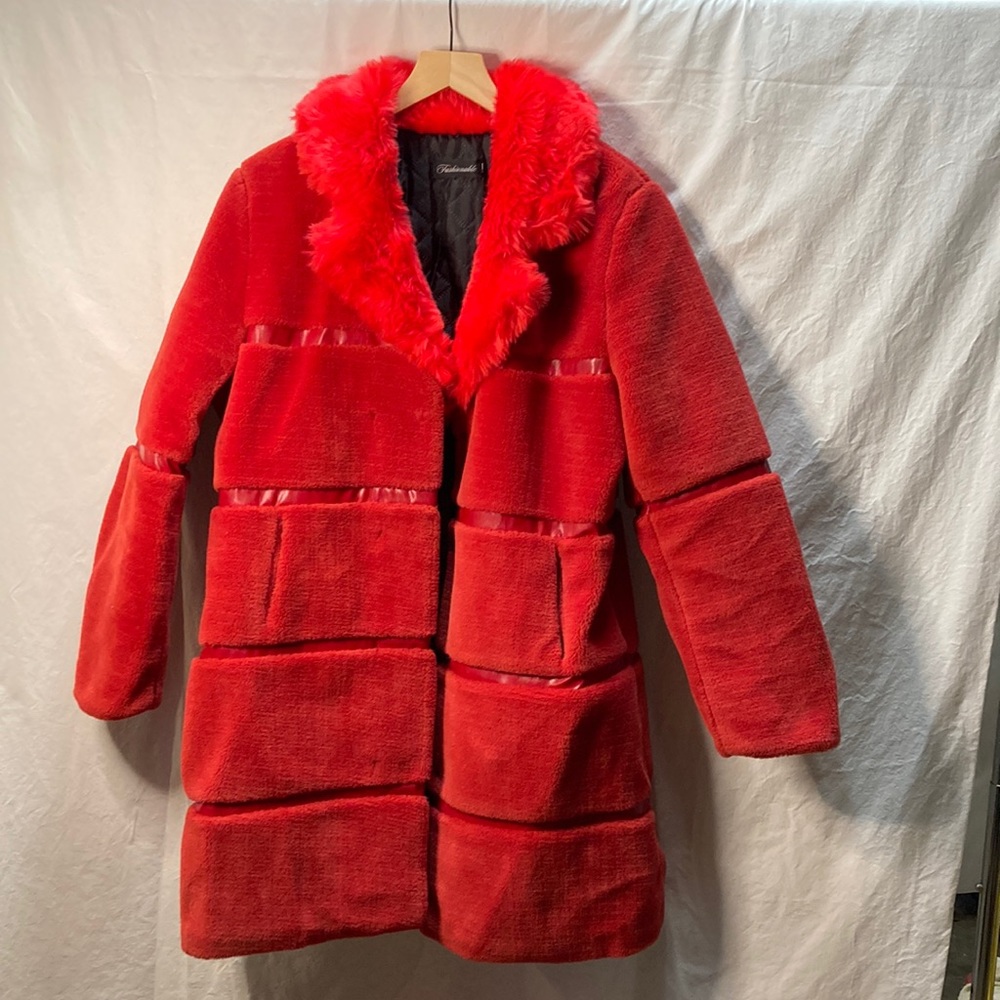 Ladies red plush faux fur coat - size M/L